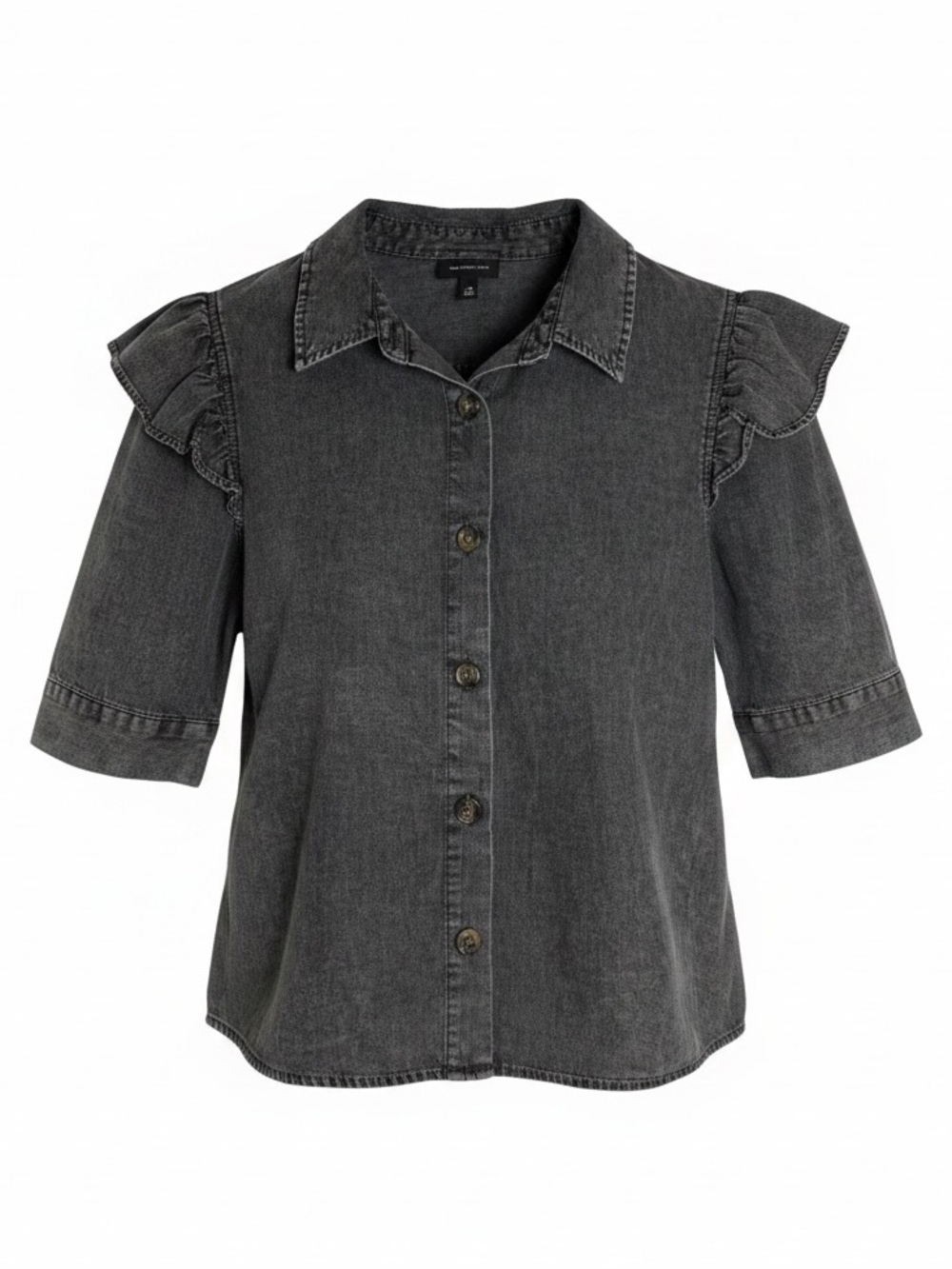 Who What Wear Gray Acid Wash Ruffle Shoulder Short Sleeve Button Down Top